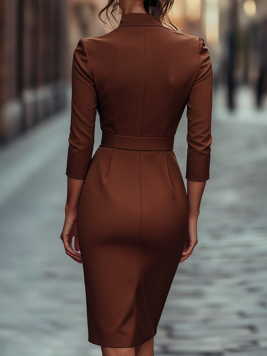 Modest women's elegant sheath midi dress, featuring a sophisticated mandarin collar and a flattering belt.