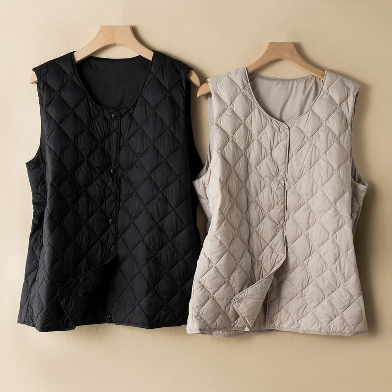 Elegant women's sleeveless vest for versatile layering. Minimalist chic design for contemporary fashion outerwear.
