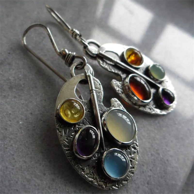 Women's elegant multicolored stone pendant earrings, sparkling silver, perfect statement jewelry for her.