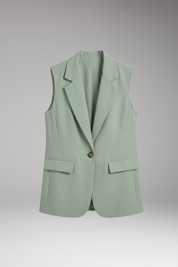Women's elegant notch collar sleeveless blazer vest for business casual or professional office wear.