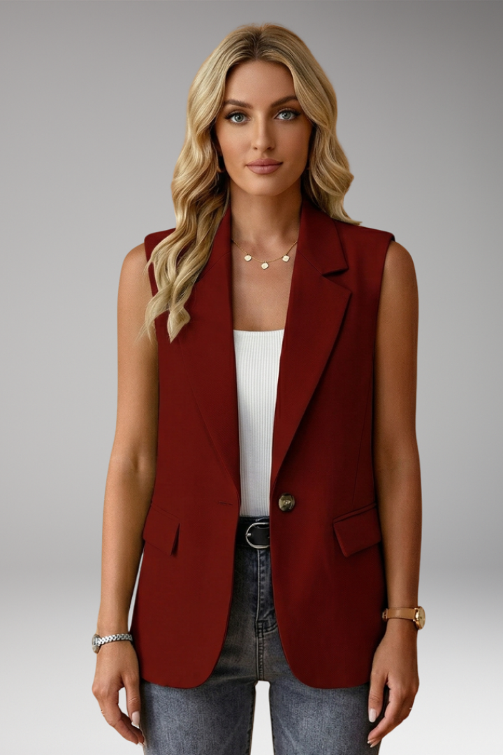Professional women's sleeveless blazer vest, a versatile layering piece with elegant notch collar.