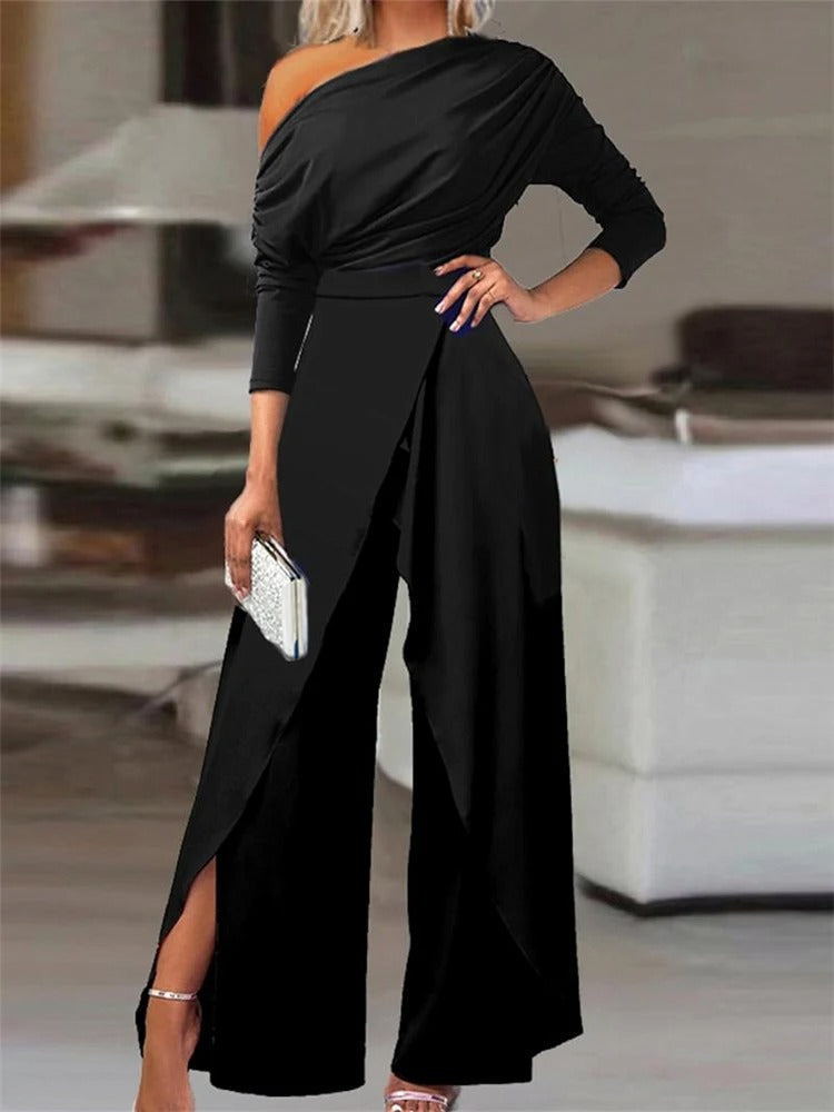 Women's elegant one-shoulder ruffled jumpsuit. Perfect for sophisticated party, evening wear, or formal occasions. Chic style.