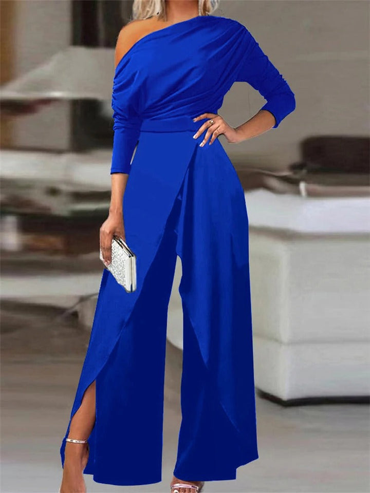 Chic women's one-shoulder jumpsuit featuring stylish ruffles. Ideal for an elegant party outfit or sophisticated occasion wear.