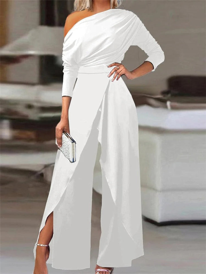 Sophisticated women's ruffled one-shoulder jumpsuit. Versatile fashion for elegant evening wear, parties, or formal attire.