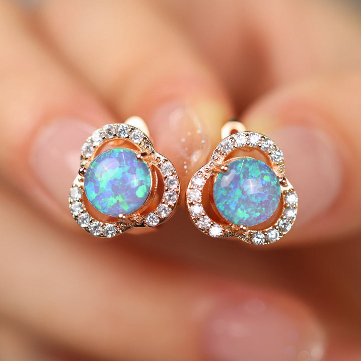 Rose gold plated women's opal & zircon clover leaf stud earrings, a lucky charm.