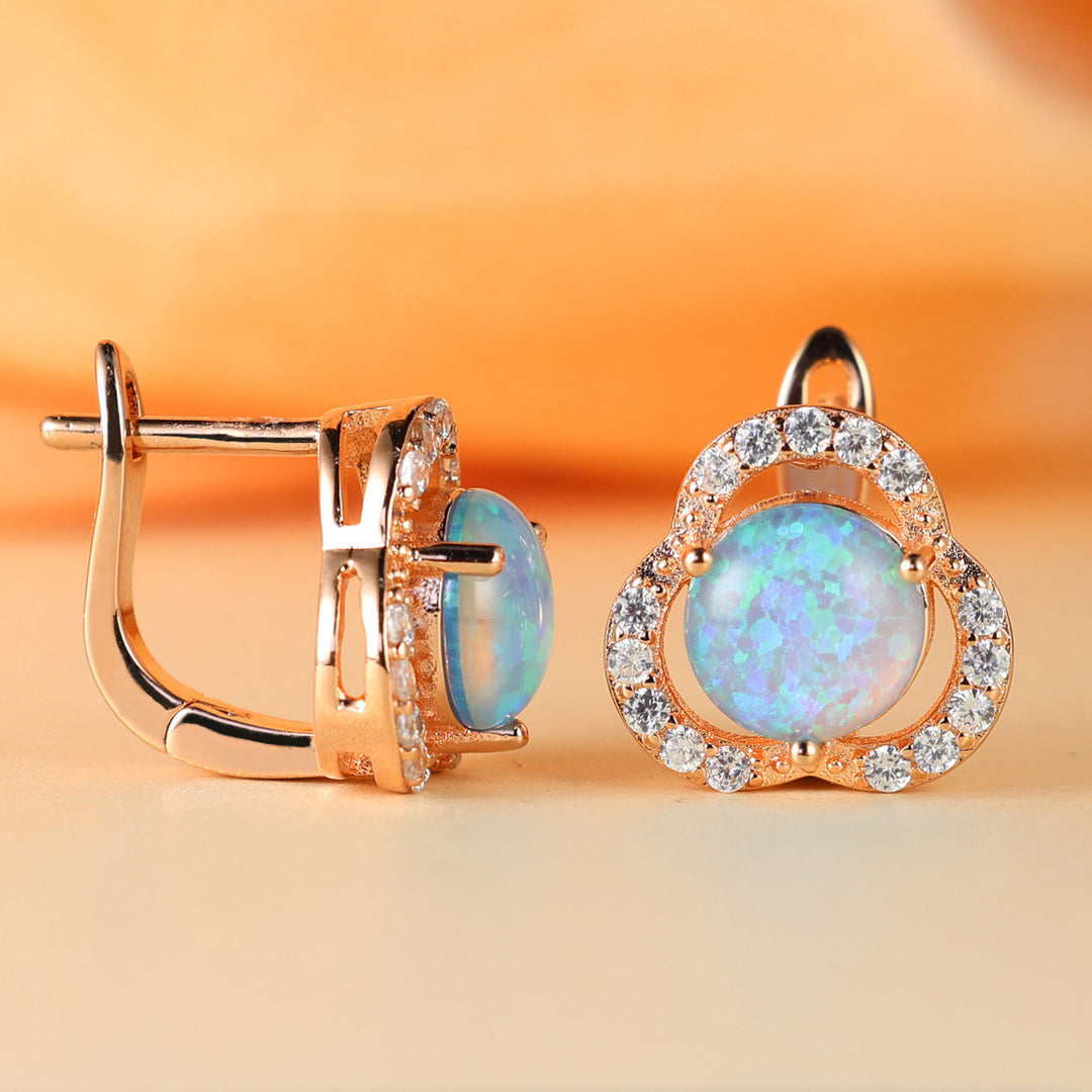 Sparkling zircon & white opal clover leaf stud earrings for women's jewelry.