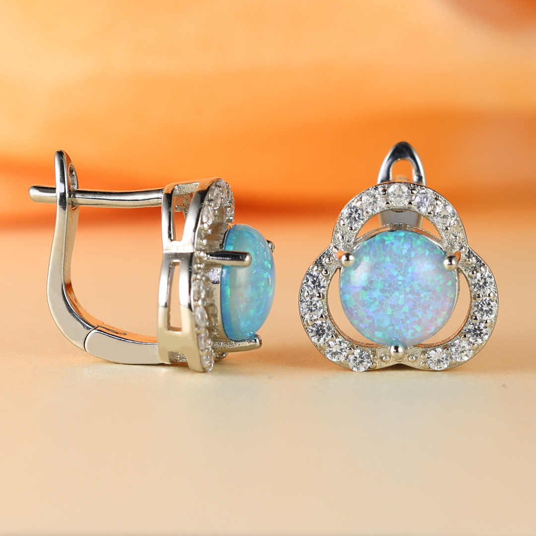 Chic women's fashion accessory: opal & zircon clover leaf stud earrings, perfect gift.