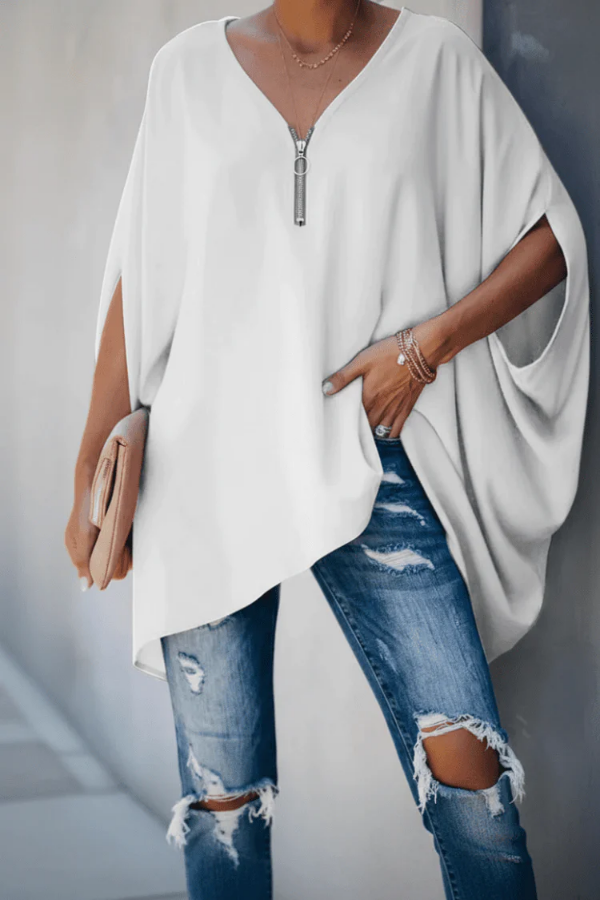 Elegant women's lightweight pleated V-neck blouse. A comfortable short sleeve top for spring & summer office chic.