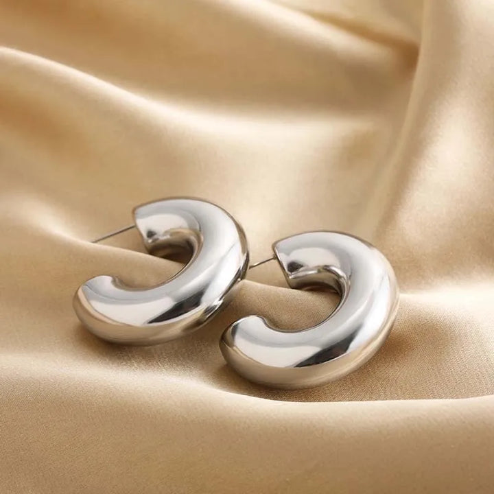 Silver-tone sculptural hoop earrings for women. Modern design, high-polished finish, a chic accessory.