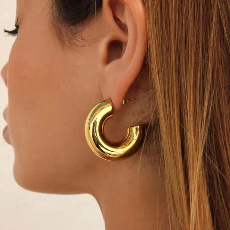 Sophisticated silver-tone polished sculptural hoops. Elegant women's earrings, a timeless jewelry piece.