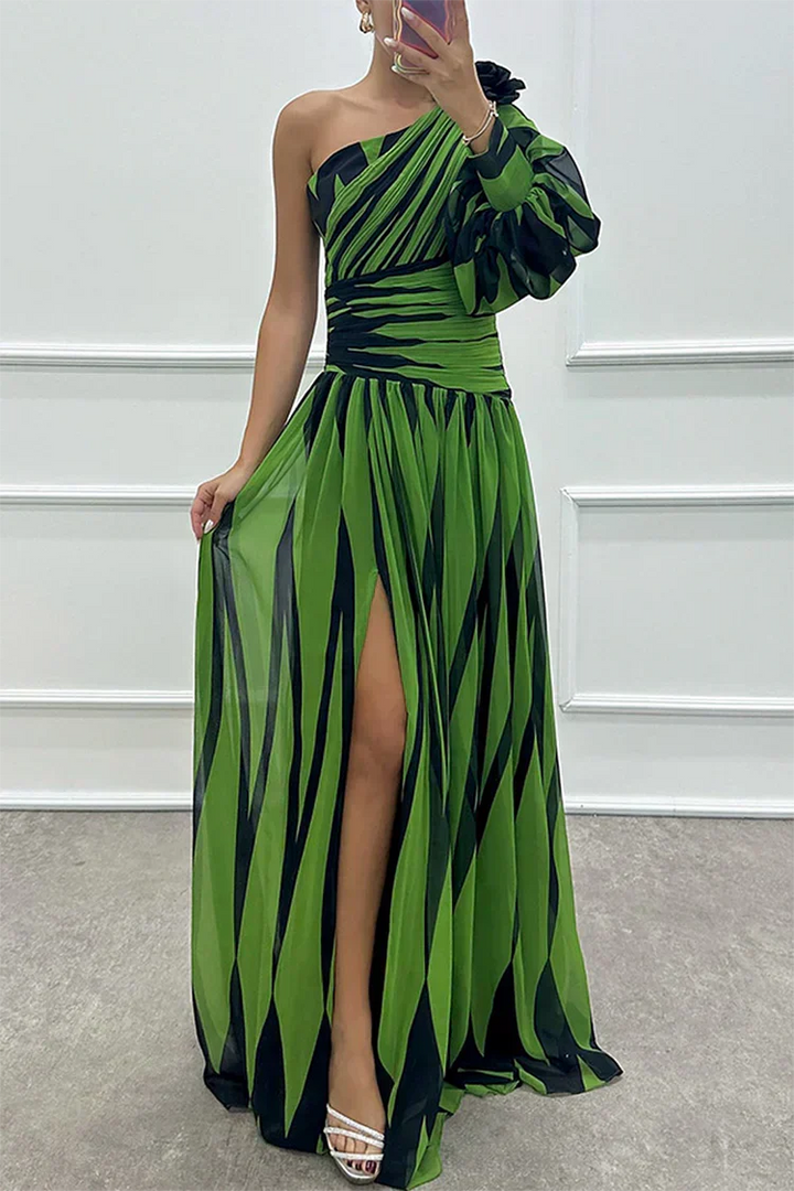 Stylish one-shoulder printed maxi dress for women, ideal for wedding guests & special occasions.
