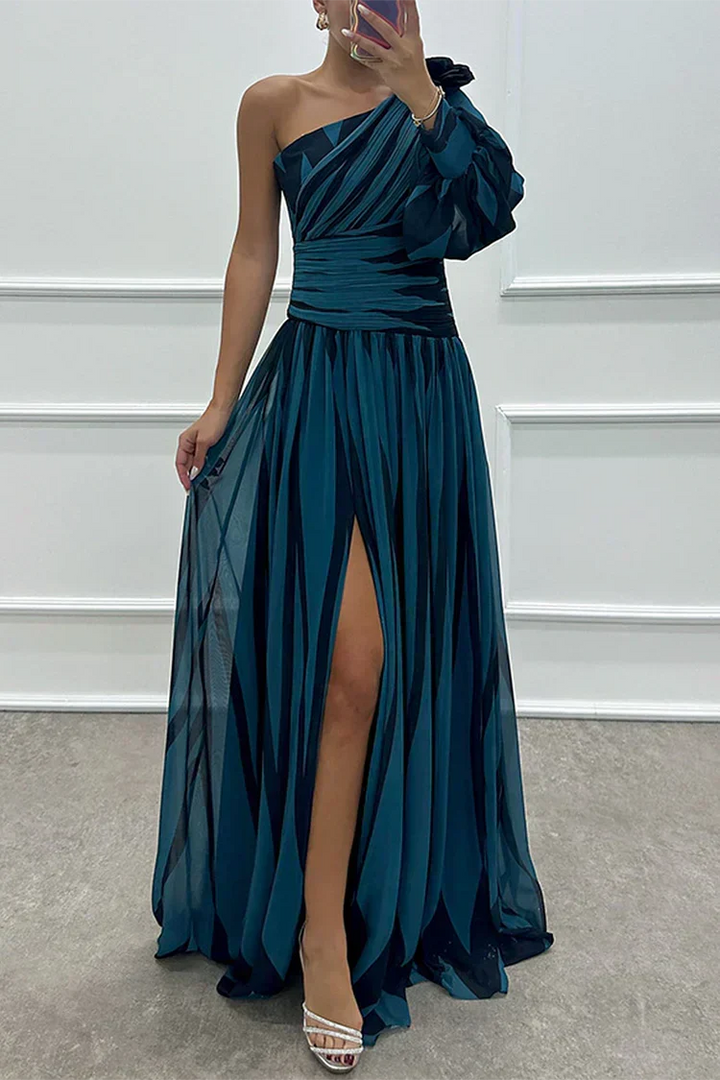 Chic women's printed one-shoulder maxi gown, a stunning formal dress for wedding guests and evening events.