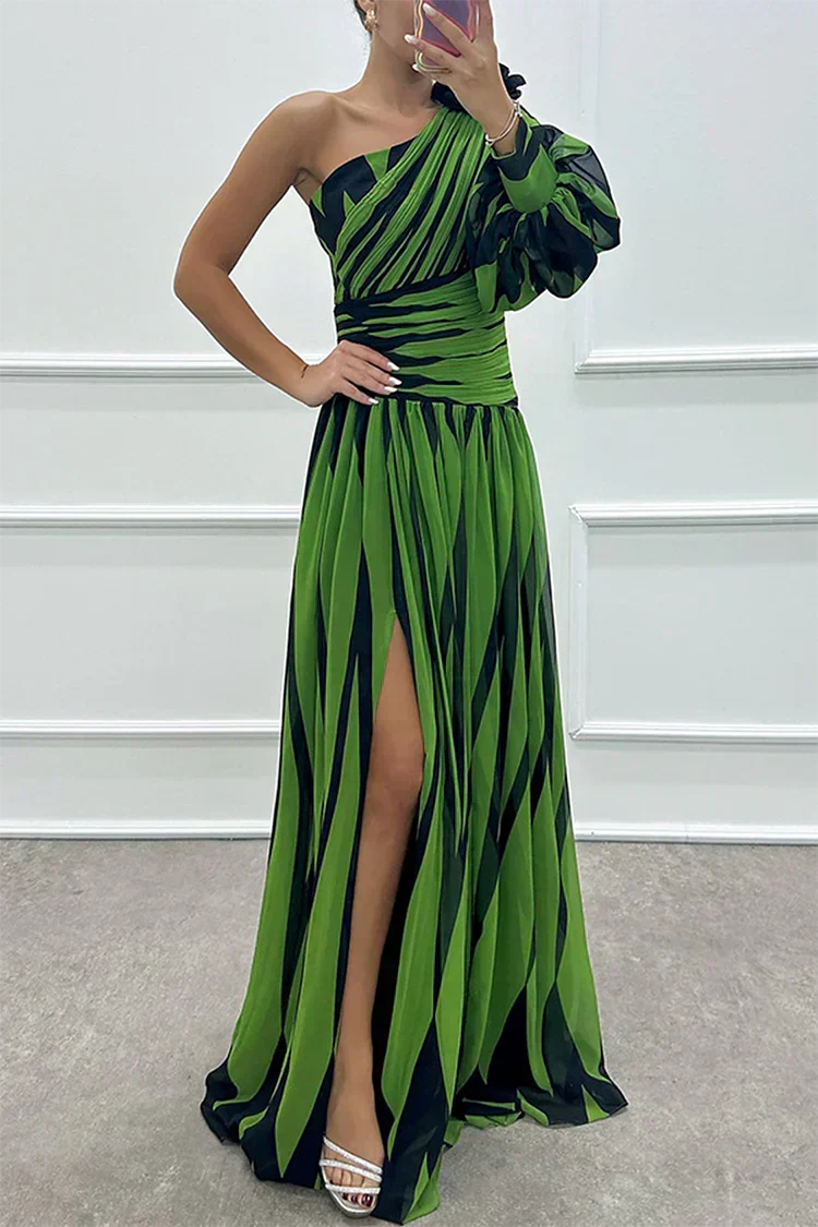 Sophisticated printed one-shoulder maxi evening gown, ideal formal dress for wedding guests & events.