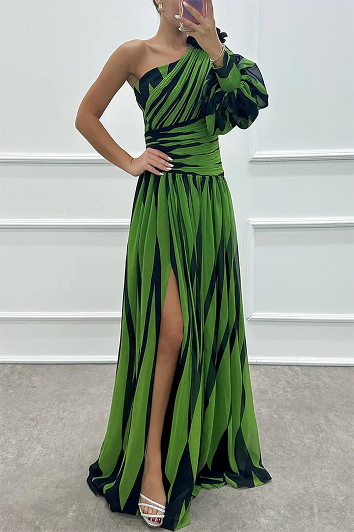 Sophisticated printed one-shoulder maxi evening gown, ideal formal dress for wedding guests & events.