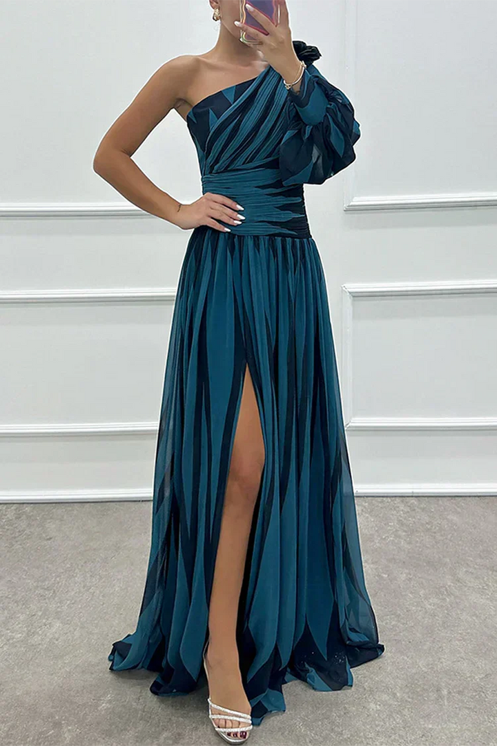 Comfortable yet elegant printed one-shoulder maxi dress, perfect for a wedding guest or special occasion.