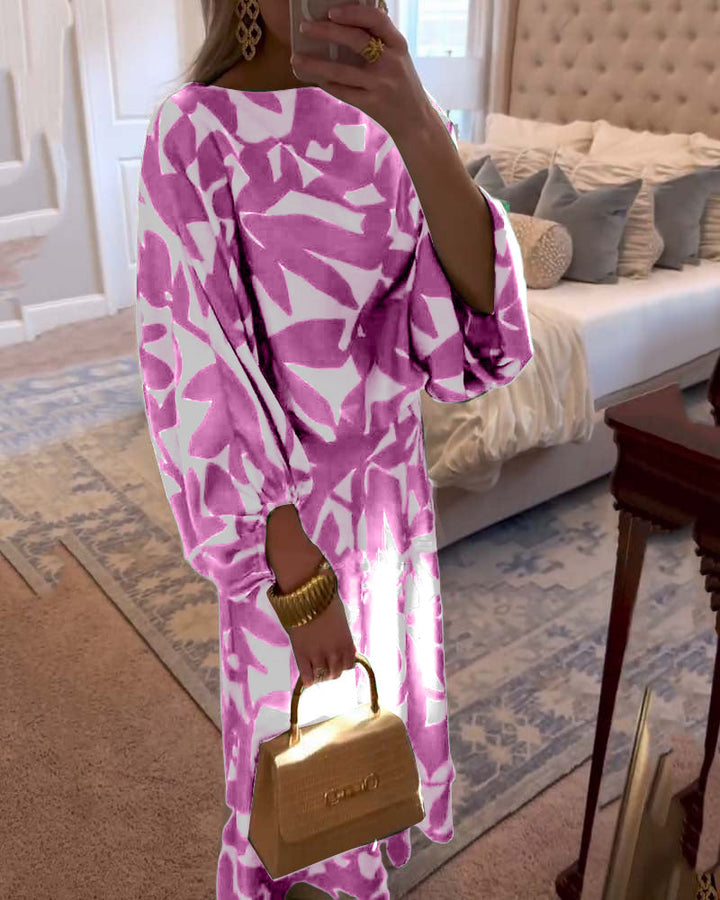 Women's printed top & skirt two-piece set with elegant lantern sleeves. Chic matching coordinates.