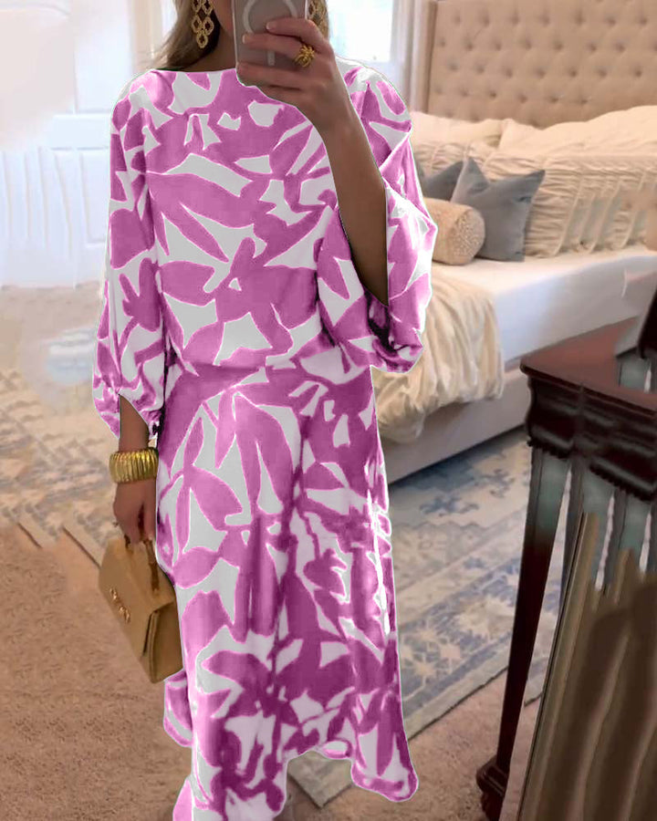 Casual elegant women's printed two-piece set. Comfortable lantern sleeve outfit for spring & summer.