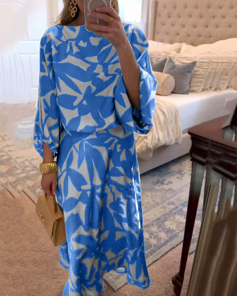 Spring/Summer women's printed two-piece set featuring elegant lantern sleeves. Casual elegant outfit.
