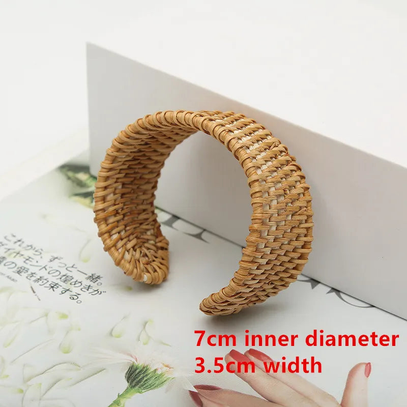 Boho chic rattan woven bangles for women, handcrafted natural fiber jewelry accessory.