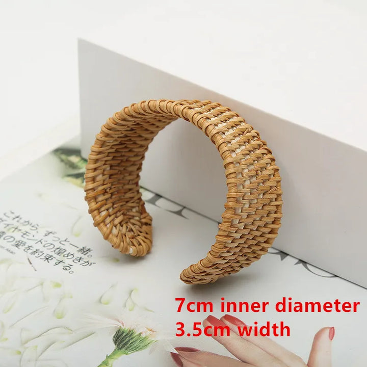 Boho chic rattan woven bangles for women, handcrafted natural fiber jewelry accessory.