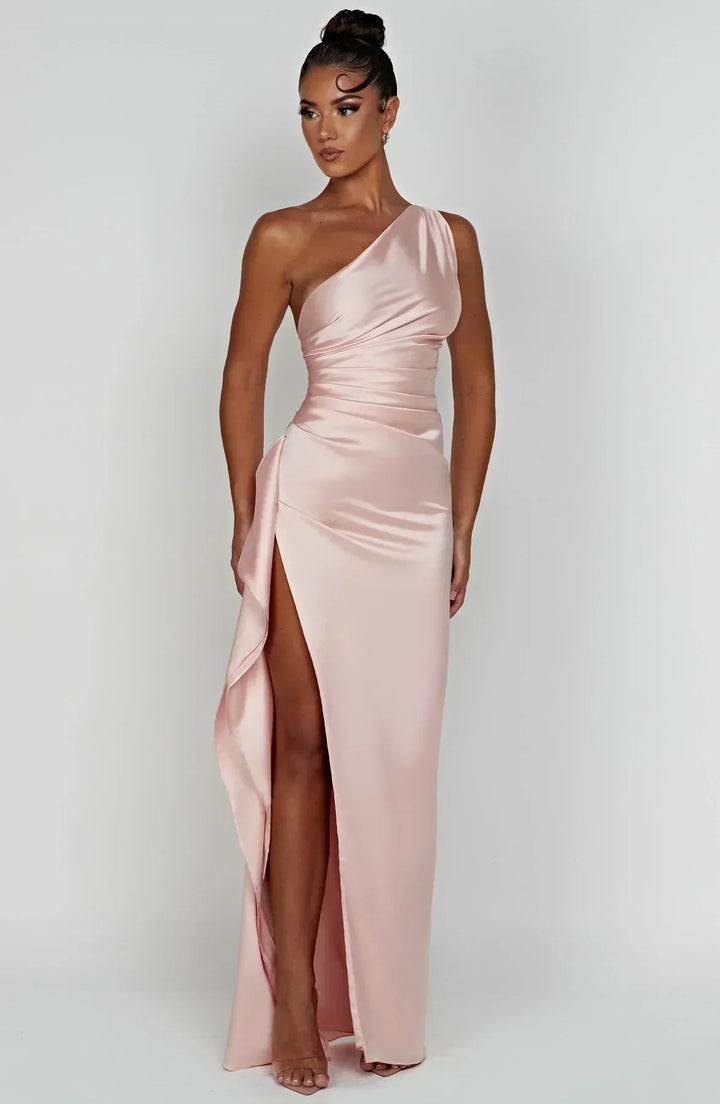 Marine blue formal women's dress with elegant pleats and a unique shoulder design.