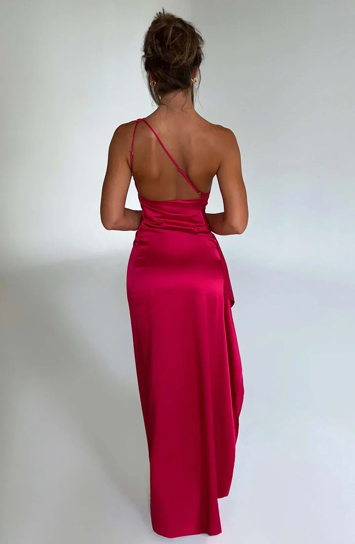 Stylish black satin pleated Selene dress, featuring a sophisticated unique shoulder design.