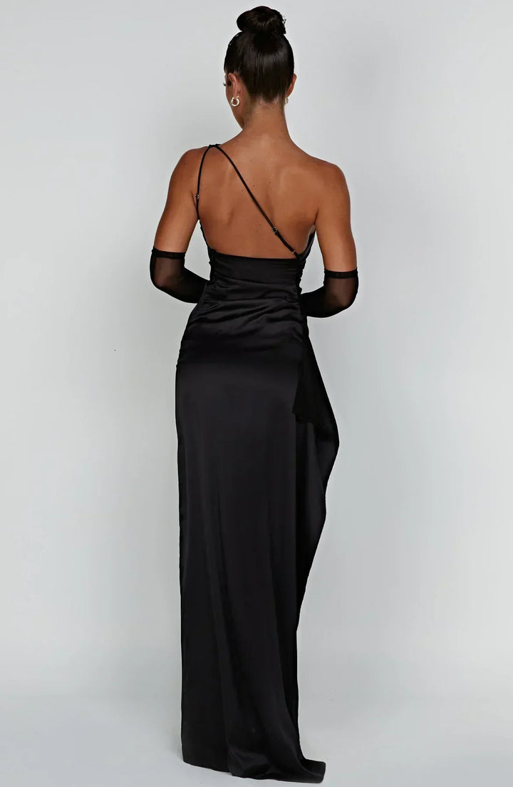 Marine blue Selene dress, pleated satin, with a flattering unique shoulder detail.