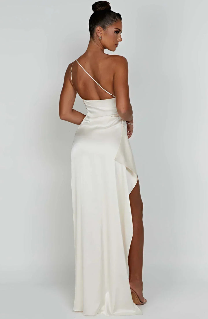 Women's marine blue evening dress, luxurious pleats, and a unique shoulder accent.