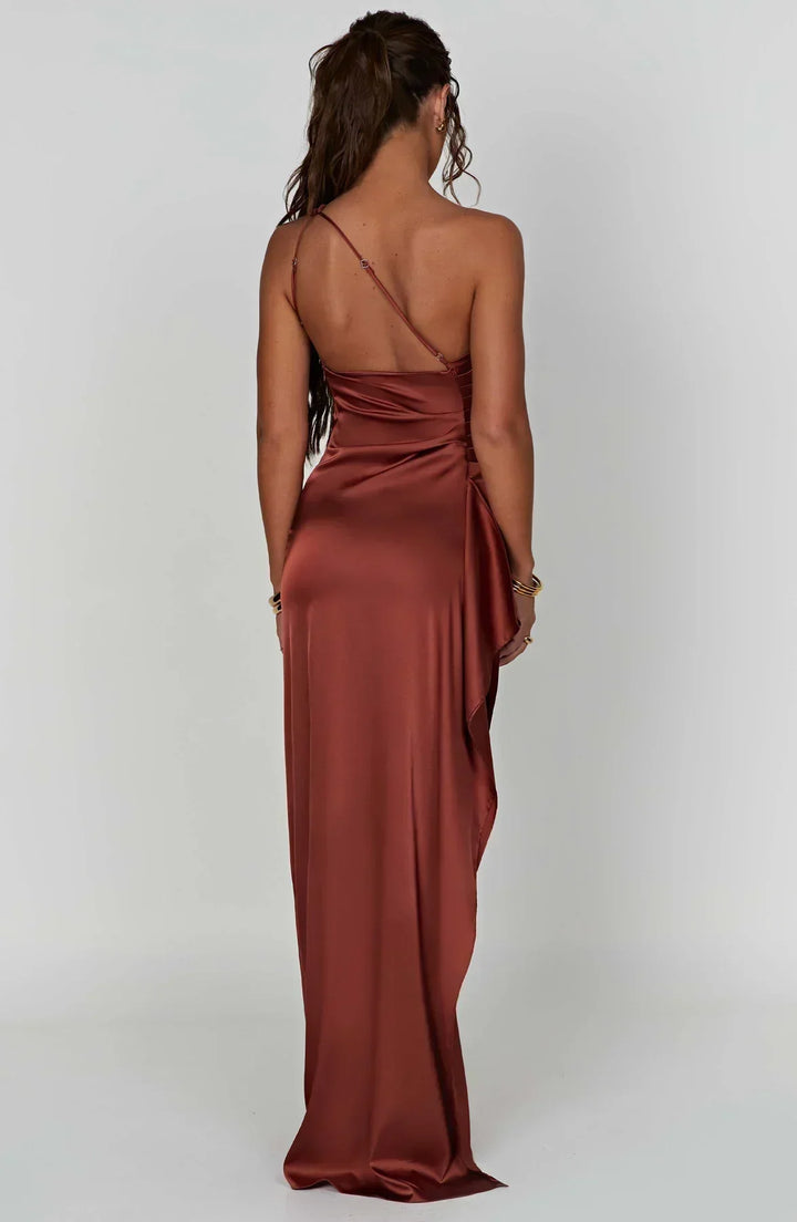 Red Selene women's dress, stylish pleats, and a sophisticated unique shoulder.