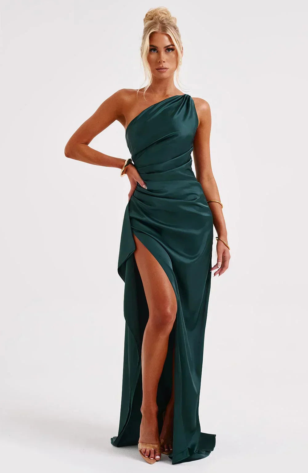 Red Selene special occasion dress, unique shoulder, and beautiful flowing pleats.