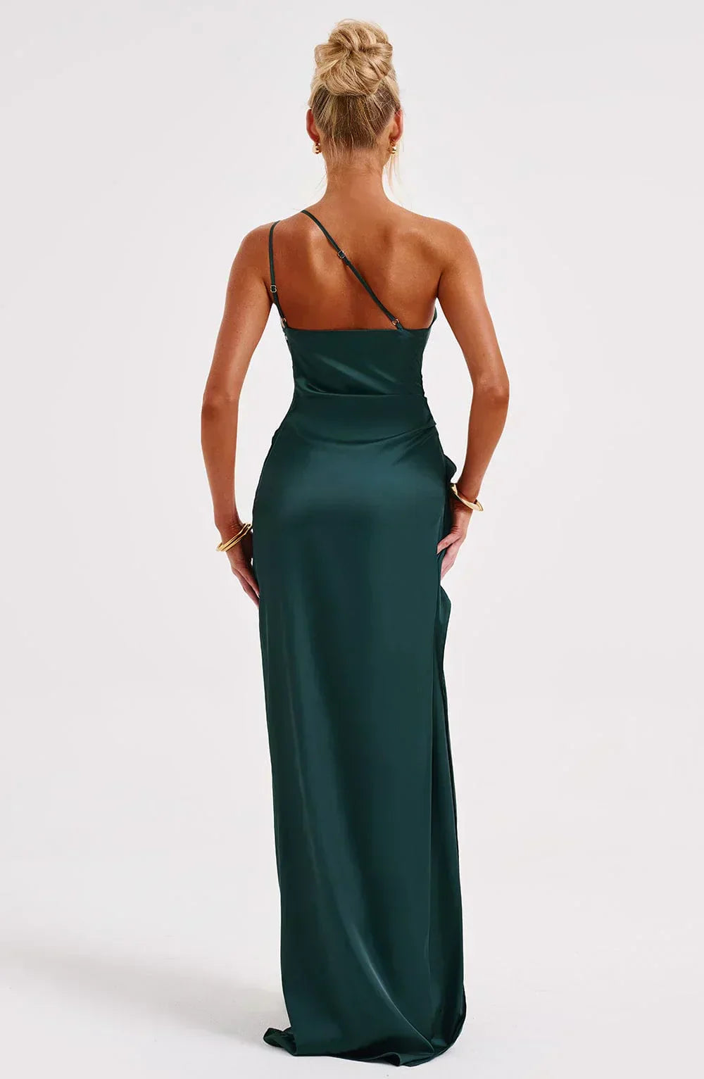 Sophisticated black evening dress, unique shoulder, and luxurious pleated satin.