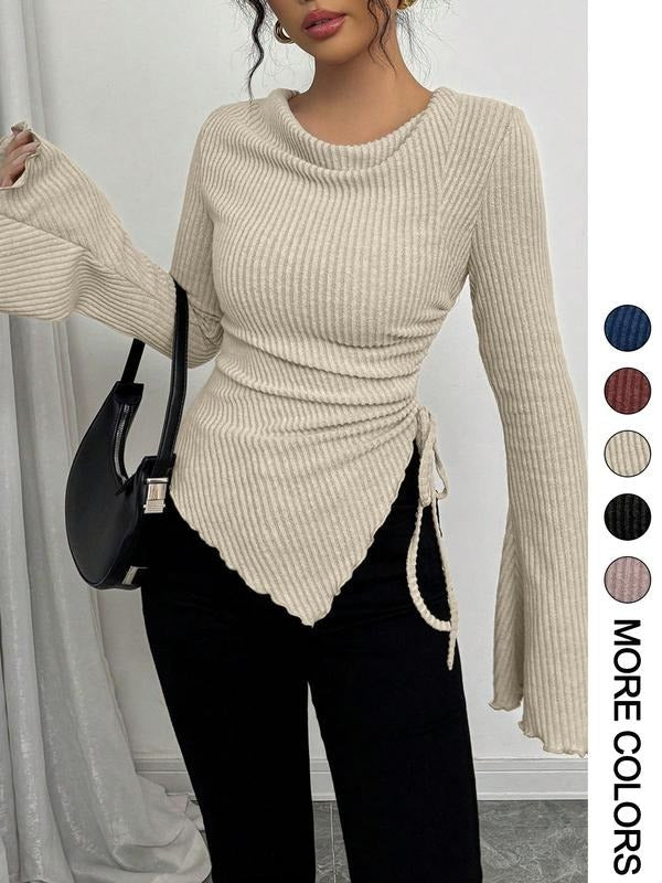 Women's elegant rib knit wrap top with long sleeves. Flattering & versatile blouse for sophisticated spring/fall style.