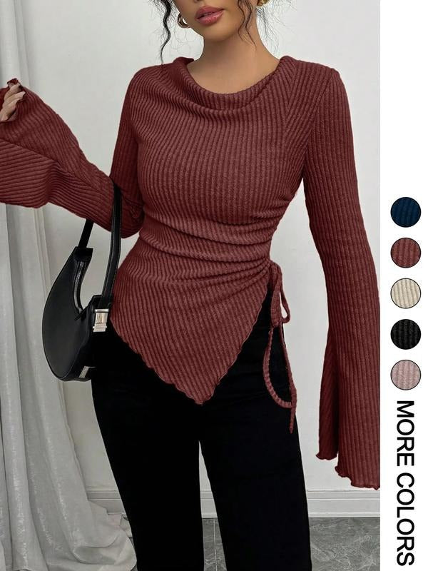 Soft ribbed knit long sleeve wrap top for women. Comfortable & chic blouse, perfect for casual or dressed-up outfits.
