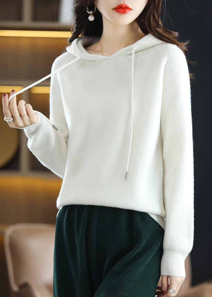 Cozy women's ribbed knit pullover, elegant hoodie with drawstring, soft for everyday wear.