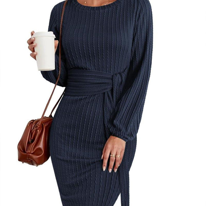 Women's elegant ribbed midi dress with waist tie & long sleeves, perfect for versatile chic style.