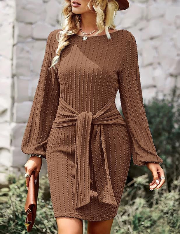 Flattering women's ribbed midi dress with adjustable waist tie, showcasing an elegant, comfortable fit.