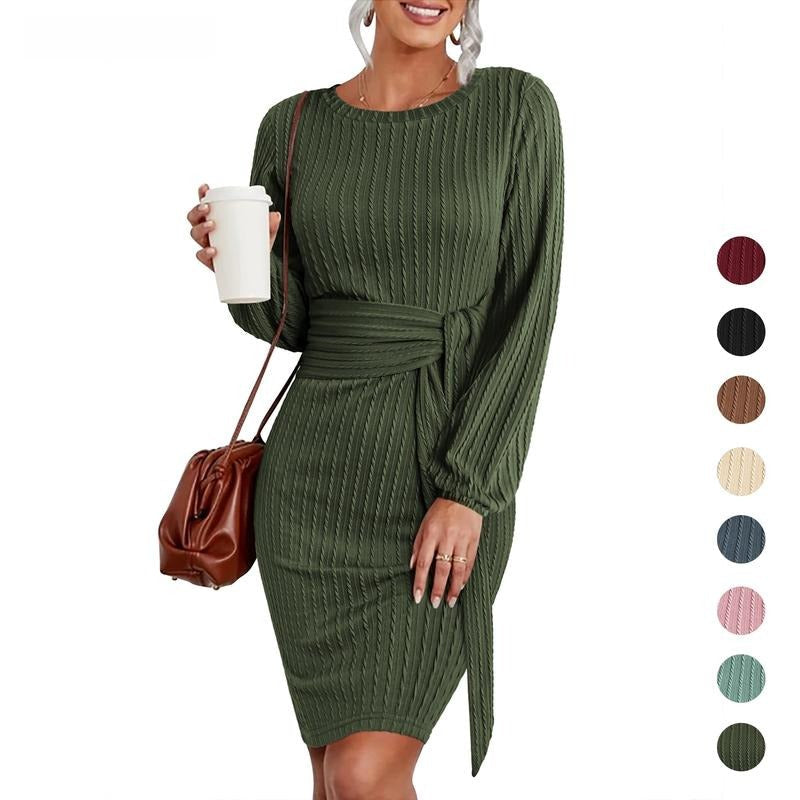 Textured ribbed midi dress for women, featuring a stylish waist tie and long sleeves for a chic look.