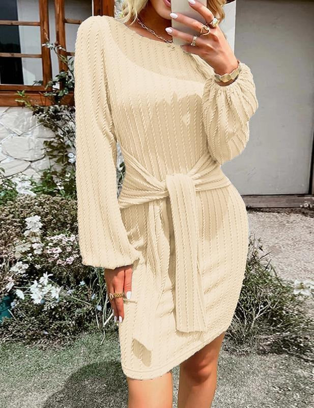 Chic women's ribbed midi dress with a flattering adjustable waist tie, enhancing the elegant silhouette.
