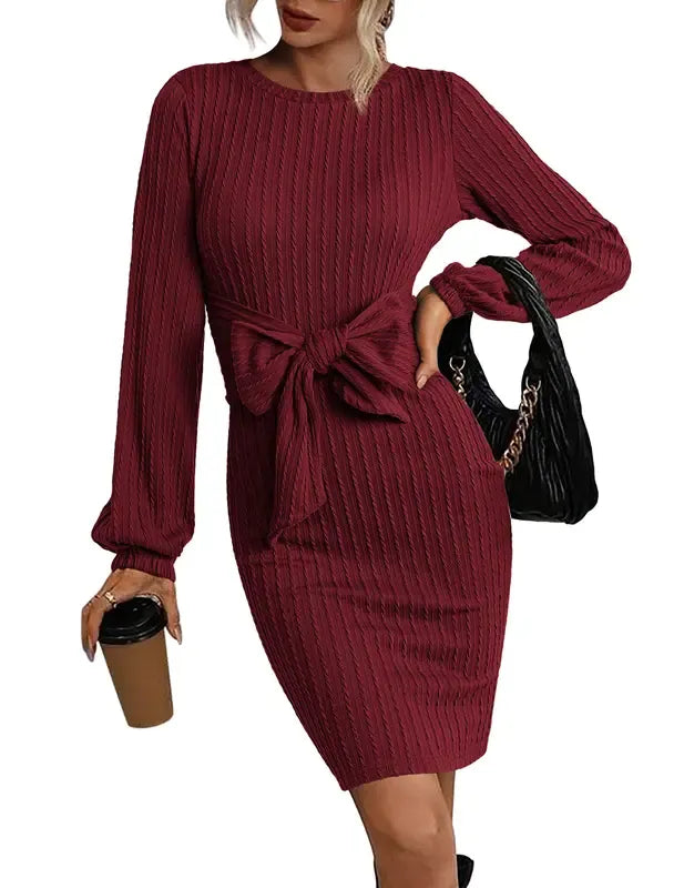 Elegant long sleeve ribbed midi dress for women, featuring a sophisticated waist tie for a flattering fit.