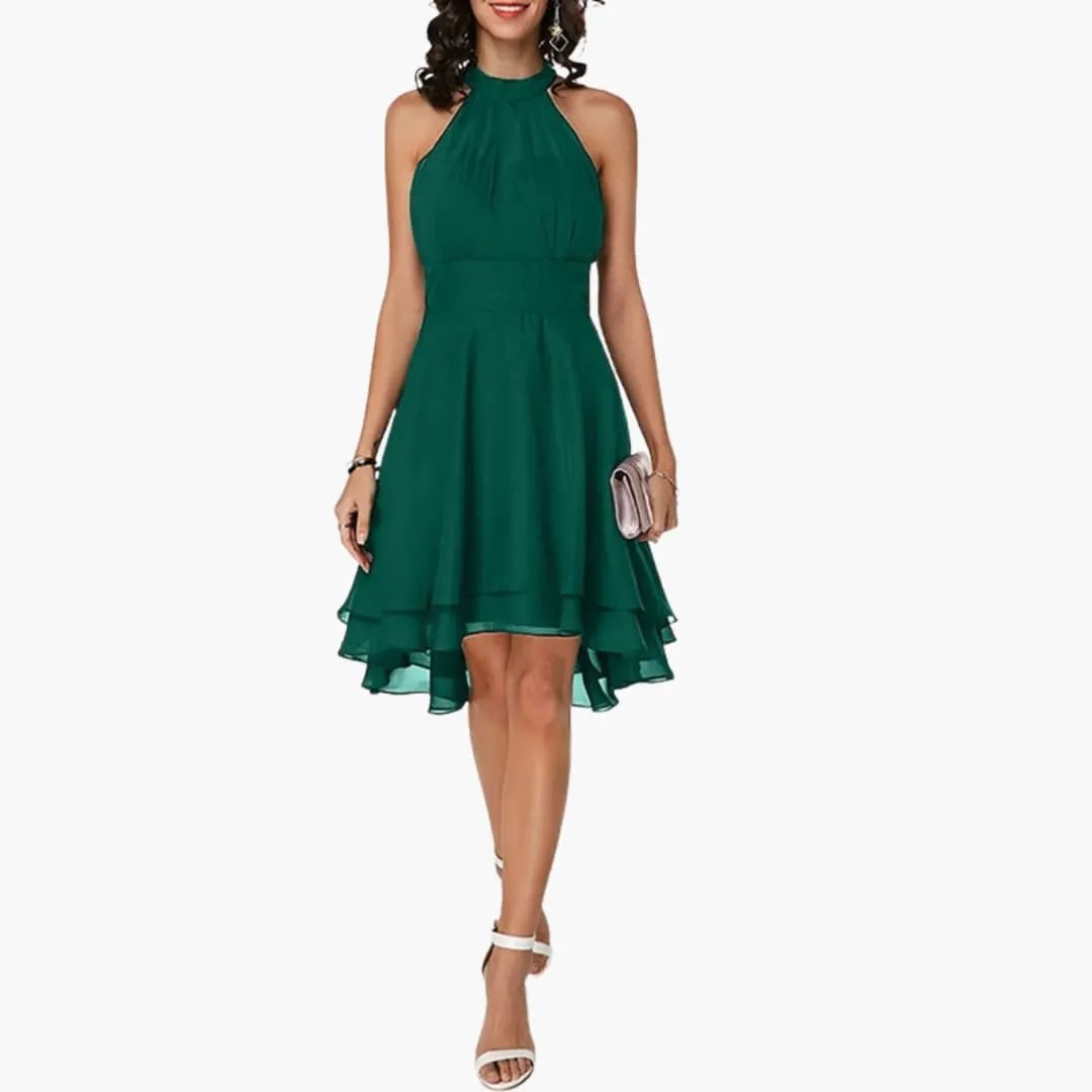 Versatile women's round neck sleeveless dress featuring delicate ruffles. An elegant knee-length summer day dress.
