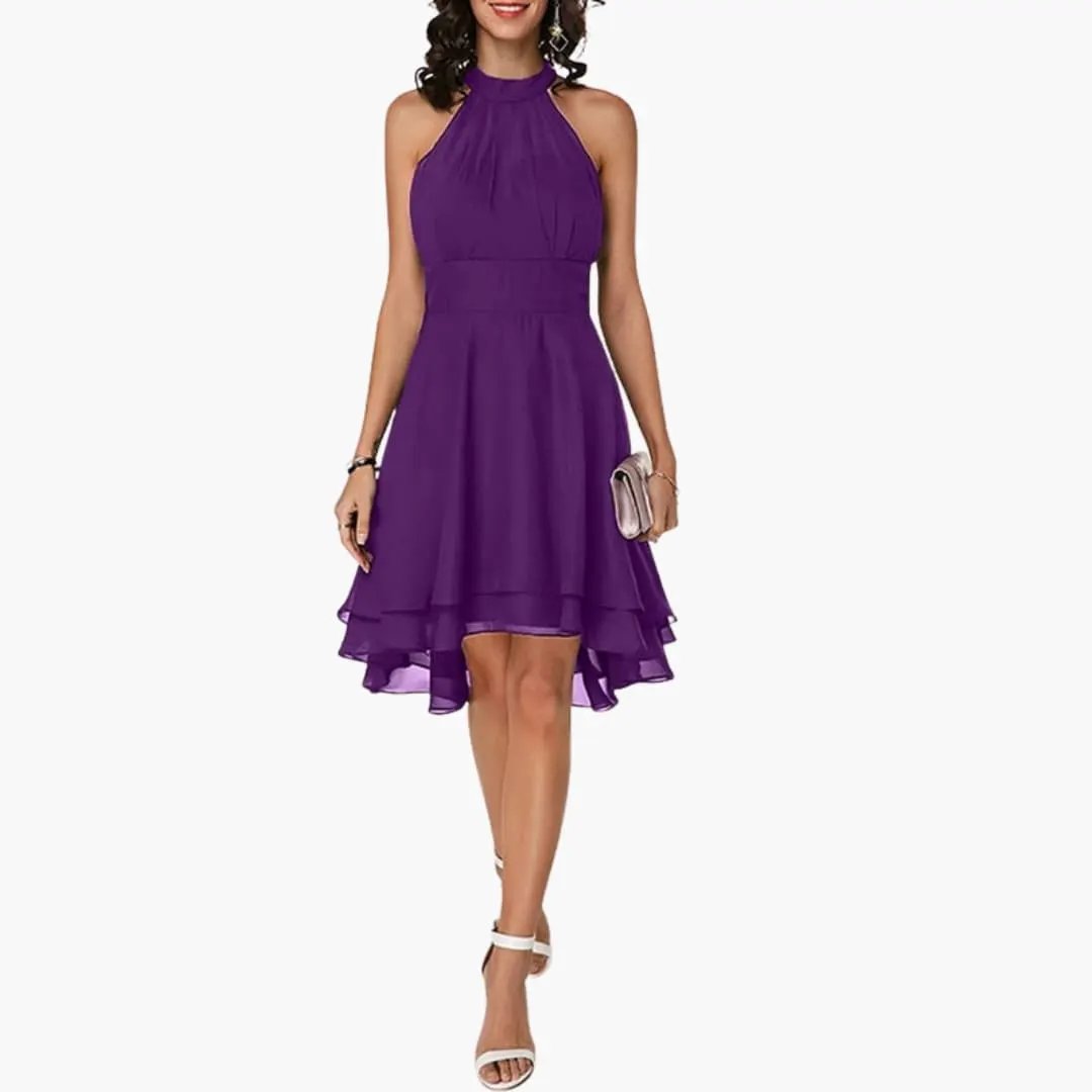 Elegant women's knee-length ruffle dress, sleeveless with a round neck. Comfortable and stylish for summer occasions.
