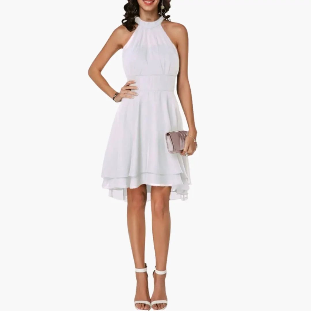 Women's sleeveless round neck ruffle dress. Elegant yet casual, suitable for various summer events and everyday wear.