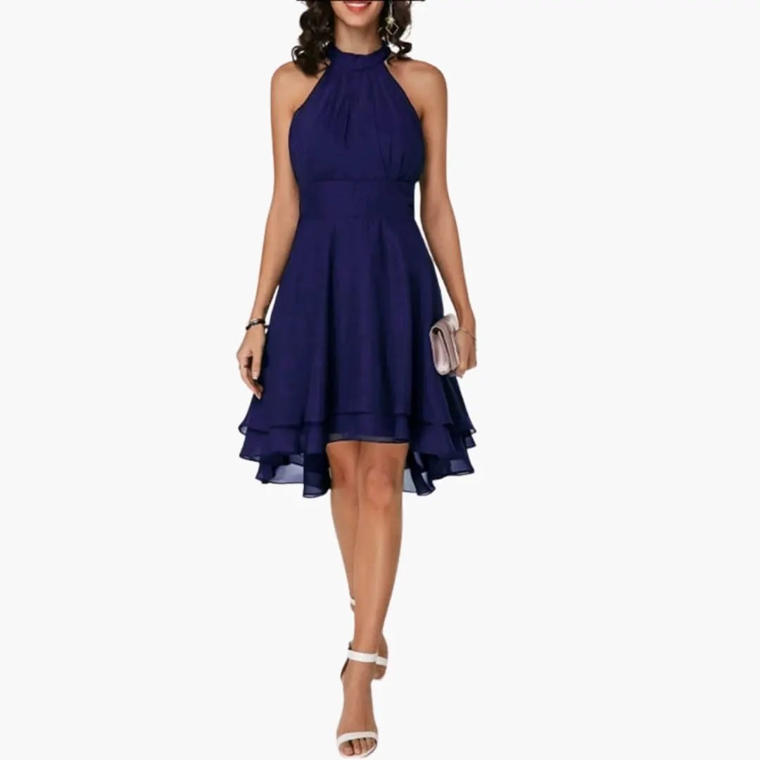 Stylish women's summer day dress: sleeveless, round neck, and ruffles. Offers elegant comfort for any occasion.