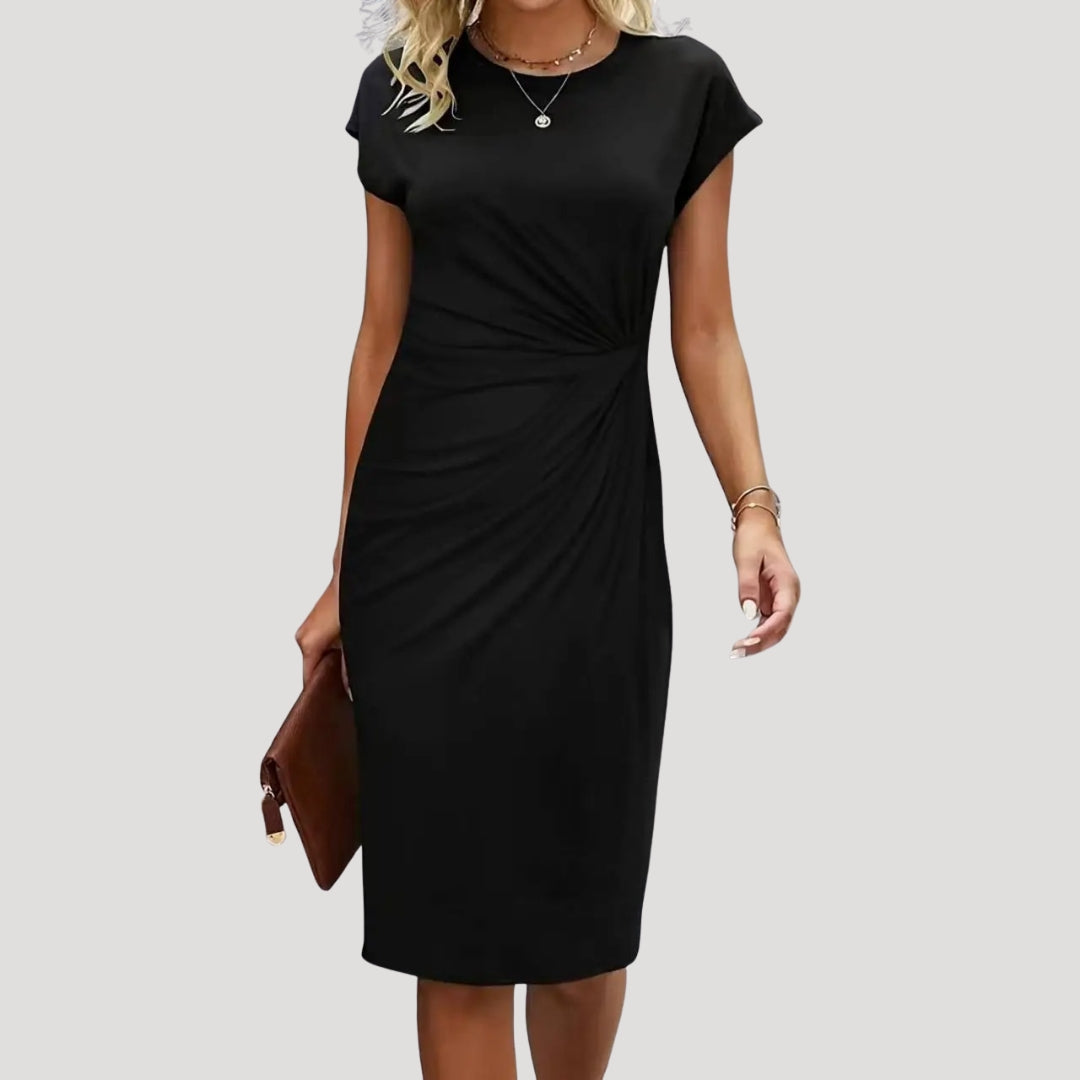 Women's elegant ruched cap sleeve midi dress. Fitted for professional office wear.