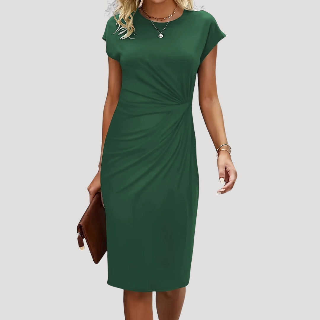 Elegant women's fitted midi dress with ruched cap sleeves, perfect for office, work, or formal events.