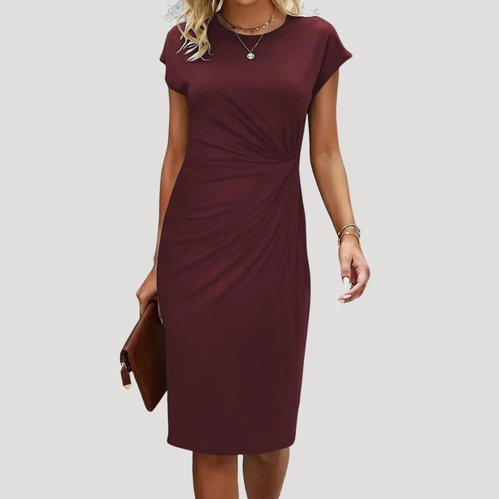 Versatile women's ruched cap sleeve midi dress. Elegant & professional for work, office, formal wear.