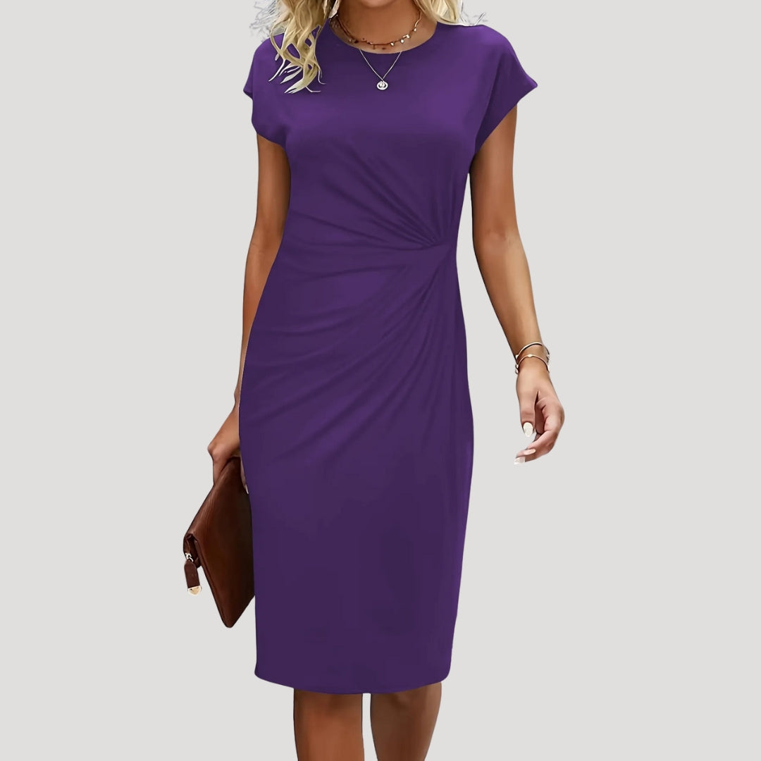 Stylish women's fitted midi dress with ruched cap sleeves, suitable for elegant office & professional wear.