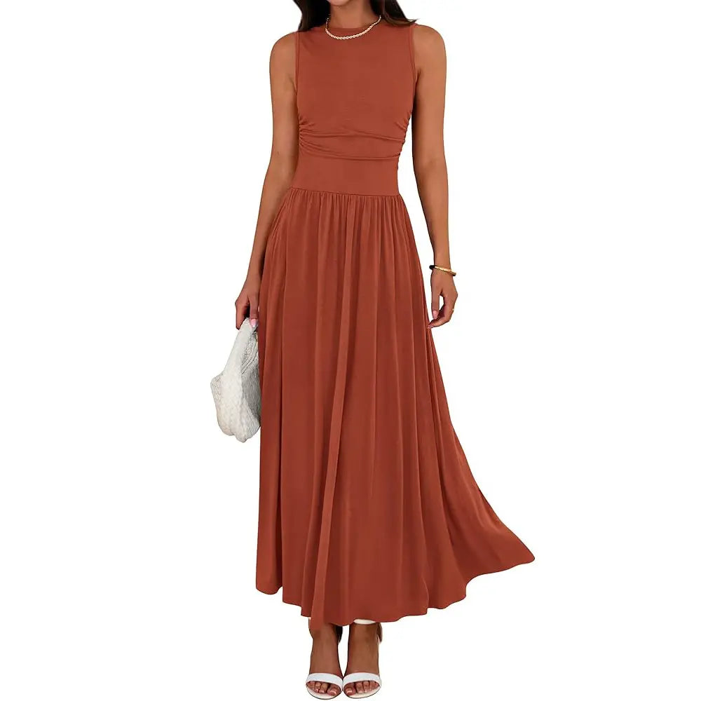 Women's elegant ruched maxi dress. Casual comfort, flattering fit for summer evening wear.