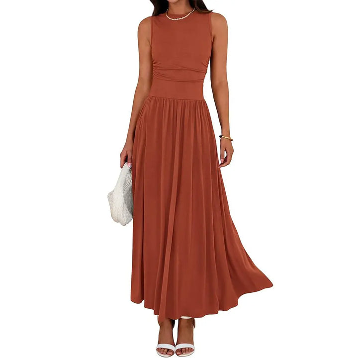 Women's elegant ruched maxi dress. Casual comfort, flattering fit for summer evening wear.