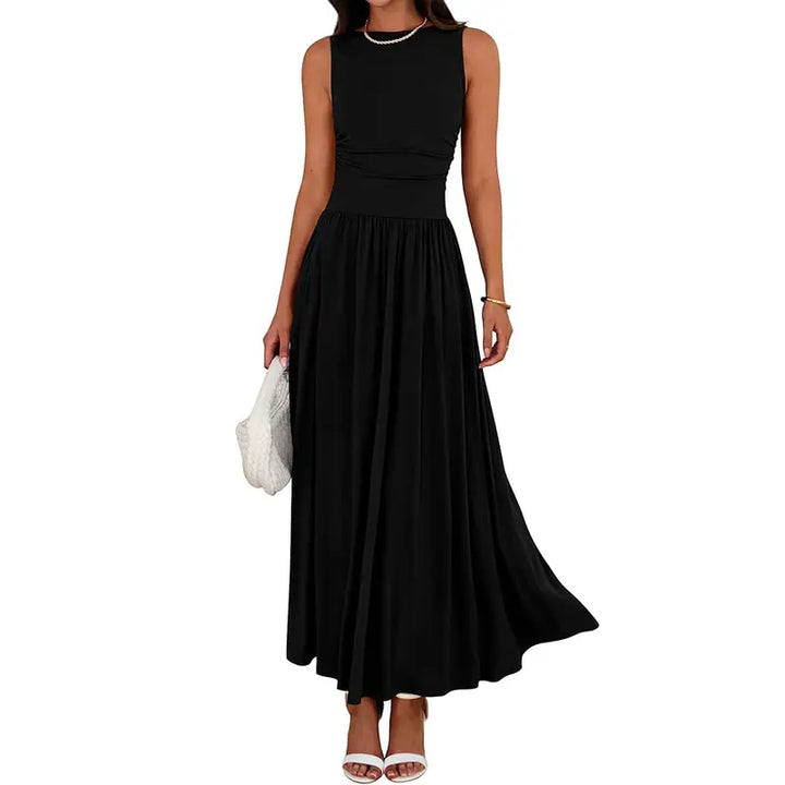 Full length women's elegant ruched maxi dress. Comfortable & flattering for summer casual or evening events.